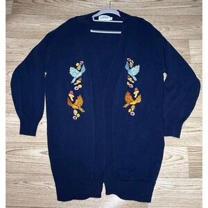 OXKNIT Navy Embroidered Bird Cardigan Boho Cottagecore Knit Sweater Cozy‎ Fall